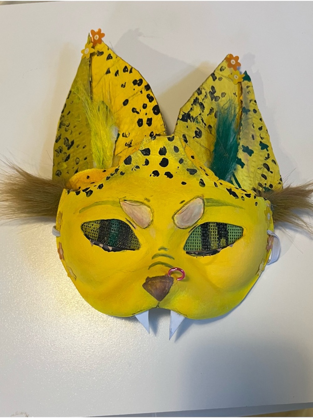 Yellow Hand-Painted banana bat therian Mask with bits of fur